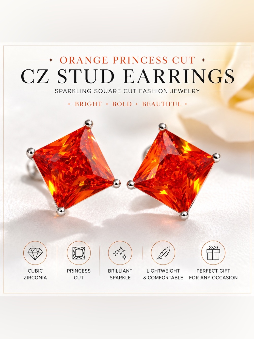 Orange Princess Cut Stud Earrings - Bold Orange Crystal CZ 925